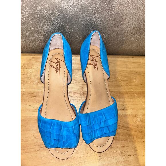 Anthropologie Latigo Shona Blue Suede Leather Ruffle Wedge Sandals Size 8M NWOB - Picture 4 of 12